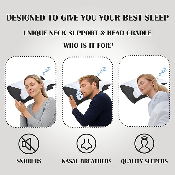 Sleep Apnea Pillow, Airway Pro Cervical Pillow for Neck Pain Relief, Orthopedic Memory Foam Neck Support Pillow for Side, Back & Stomach Sleepers, Anti-Snore Ergonomic Contour Pillow (Grey)