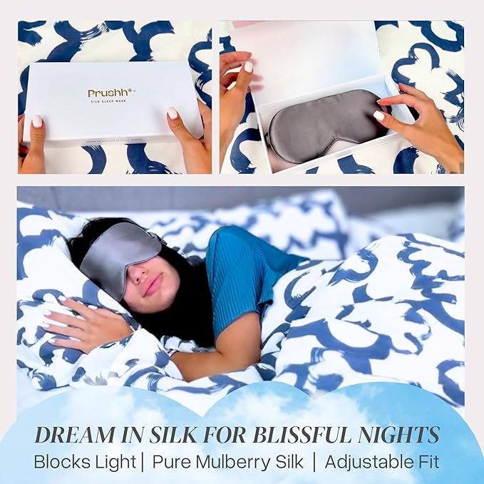 Adjustable Silk Sleep Mask Eye Covers | 100% Pure 6A Mulberry Silk | Blackout & Hypoallergenic | Concealed Strap for Women & Men | for Sleeping & Travel (Ivory White)