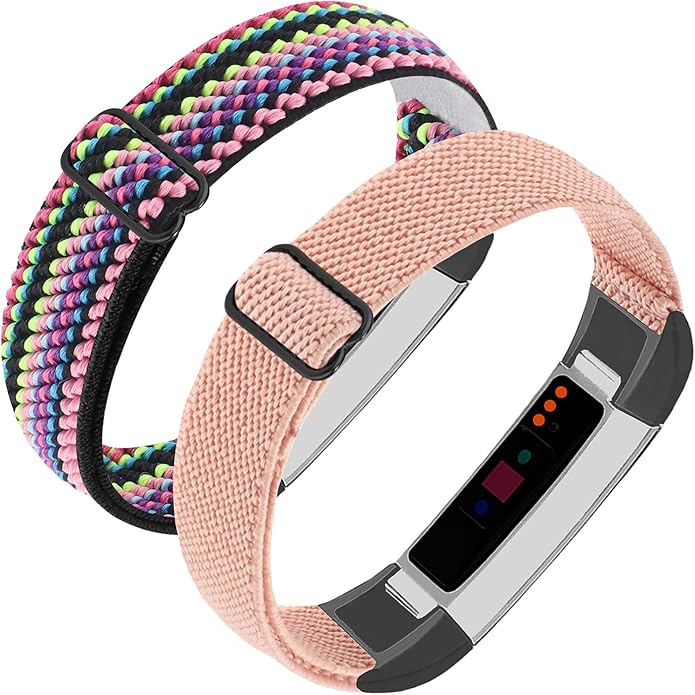 Adjustable Elastic Nylon Bands Compatible with Fitbit Alta and Alta HR Fitness Tracker, 2 Pack Braided Stretchy Wristband Accessory Bracelet Watch Strap Sport Replacement Band for Women Men