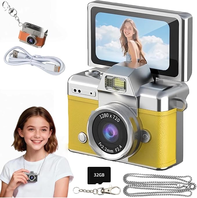 Mini Digital Camera Keychain Retro Mini Digital Video Camera Small 1080P FHD Recording with 0.96" IPS Screen with 6 Retro Filters AVI Format-Ideal for Phone Transfer (32GB, Yellow)