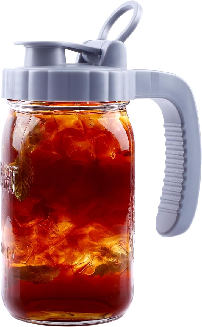Mason Jar Pitcher 32 OZ With Pour Spout Lids Wide Mouth Breast Milk Pitcher 1 Quart Glass Milk Jug With Flip Cap Airtight & Leakproof Water Carafe For Fridge, Coffee, Iced Tea, Lemonade, Juice