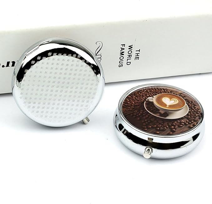 Coffee with Heart Pattern Pill Box 3 Compartment Small Pill Case Portable Pill Box for Pocket Or Purse Round Metal Pill Box Cute Medicine Organizer Holder to Hold Vitamins Medication