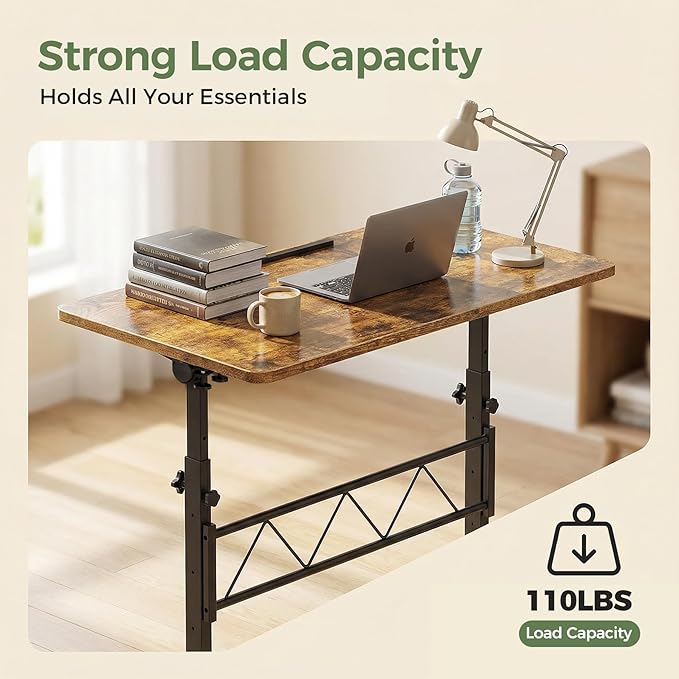 GTPLAYER Small Standing Desk Adjustable Height, 30.7"-46.4" Portable Computer Table Mobile Desk Workstation Stand Up Desk with Wheels Compact Rolling Table for Home Work Treadmill Walking Pad Brown