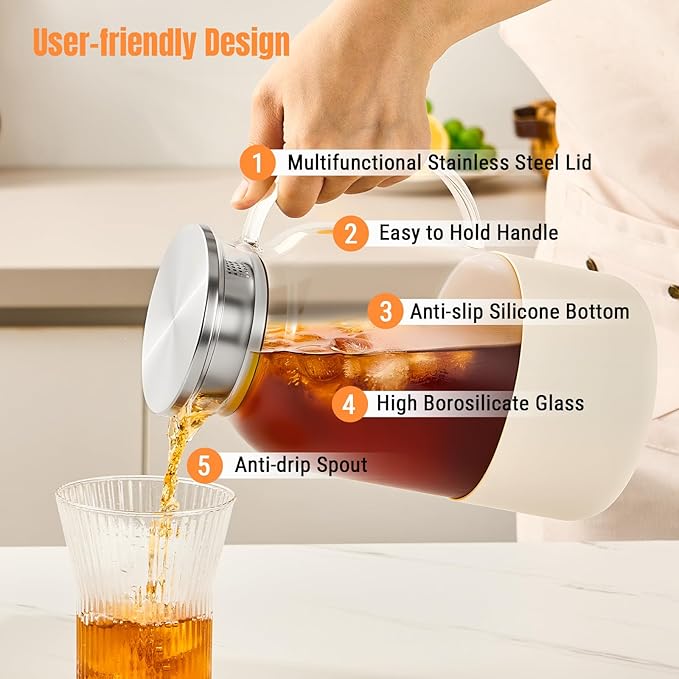 PARACITY Water Jug Water Pitcher with Silicone Base 61oz/ 1.8L, Hot& Cold Glass Pitcher with Lid and Handle, Glass Carafe with Lid for Coffee, Juice, Lemonade and Milk (Off-white base)