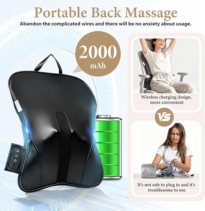 Wireless 2000mAh Shiatsu Neck and Back Massager with Heat,3D Kneading Up & Down Rolling for Neck, Back,Shoulder Pain Relief,Portable Deep Tissue Massage Pillow for Home,Office,Car Use,Gift for Mom&Dad