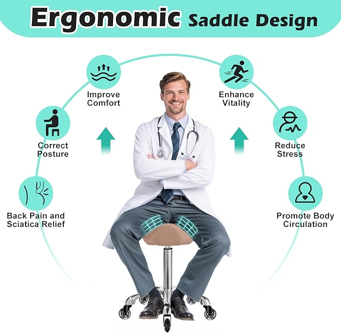 Saddle Stool with wheels Ergonomic - Heavy Duty 400lbs, Upgraded Thick Saddle Cushion, Healthy Posture Correction, Swivel Adjustable Rolling Saddle Stool, Saddle Chair for Salon Massage Home (Brown)