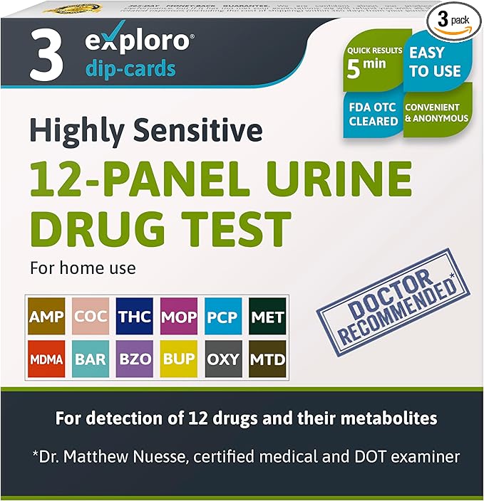 Exploro 12 Panel Urine Drug Test, Drug Test Kit for Multidrug Screen, Accurate 12 Panel Drug Test Urine for 12 Types of Drugs, Easy at Home Drug Tests, DOT Compliant, Peace of mind results (Pack of 3)