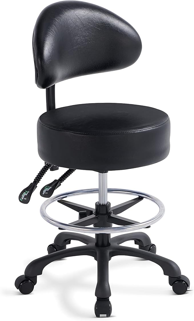 Swivel Rolling Stool Round Chair,Thick Sturdy Padding,Adjustable Stool with Wheels for Doctor,Medical,Massage Salon,Office,Shop(with New Back, Black)