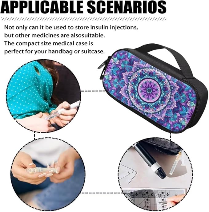 Mandala Flower Diabetic Supplies Travel Case, Storage Carrying Bag for Diabetes Testing Kit, Blood Glucose Monitor Meters, Test Strips, Medication, Lancets, and Other Diabetic Supplies