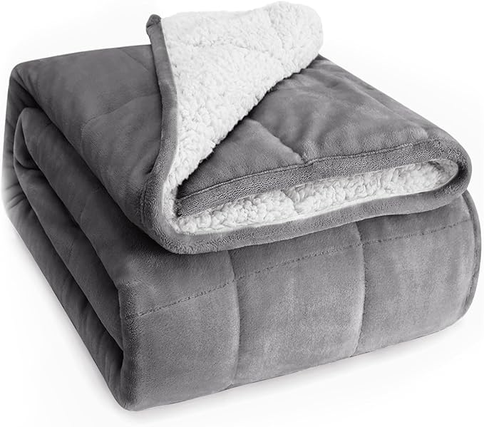 Wemore Sherpa Fleece Weighted Blanket for Adult, 15 lbs Dual Sided Cozy Fluffy Heavy Blanket, Ultra Fuzzy Throw Blanket with Soft Plush Flannel Top, 60 x 80 inches, Grey and White