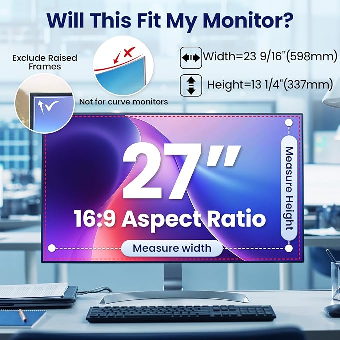27 Inch Monitor Privacy Screen Hanging for Computer 16:9 Aspect Ratio, Magnetic Anti Glare Blue Light Private Protector Eye Care,Removable Anti Spy Filter Shield for Digital Workplaces