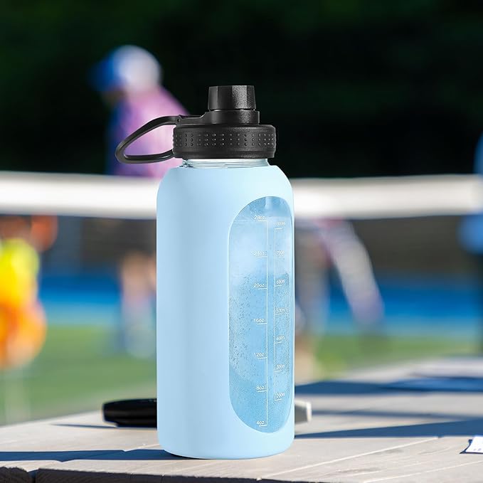 32 oz Glass Water Bottle with Straw and Handle, Sports Motivational Water Flask with Silicone Sleeve, Large Leakproof Water Flask Cup with Time Marker for Travel, Gym, Purple