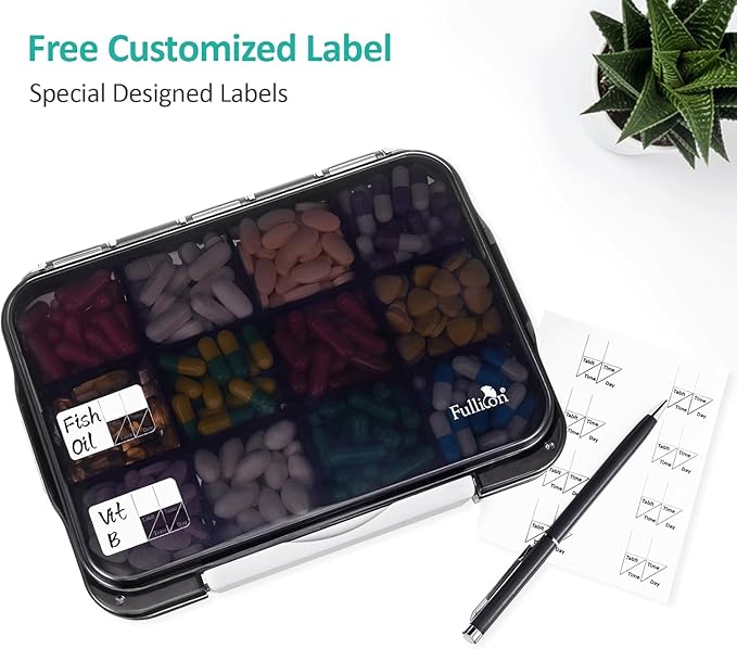 Fullicon Daily Travel Moisture Proof Pill Case with 12 Extra Large Compartment, Pill Organizer with 3 Secured Buckles, Large Supplement Box for Vitamin with Removable Dividers (Black)