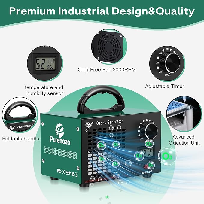 Ozone Generator & Ozone Odor Eliminator 60,000mg/h, Industrial & Home Ozone Machine with Temp/Humidity Display, Removing Odors for Rooms, Smoke, Cars, Pets, Basements, Farms(Green)