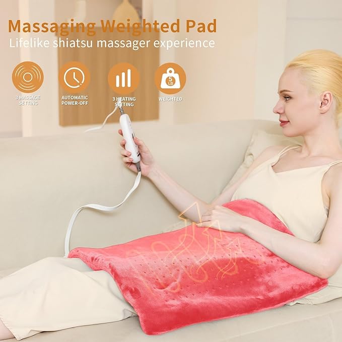 Massaging Weighted Heating Pad - Electric Heating Pad for Back Pain Relief with Massager, 3 Heat, 6 Massage, Auto Off, Extra Large Vibrating Heat Pad for Shoulder Neck (Grapefruit Red, 12"×24")