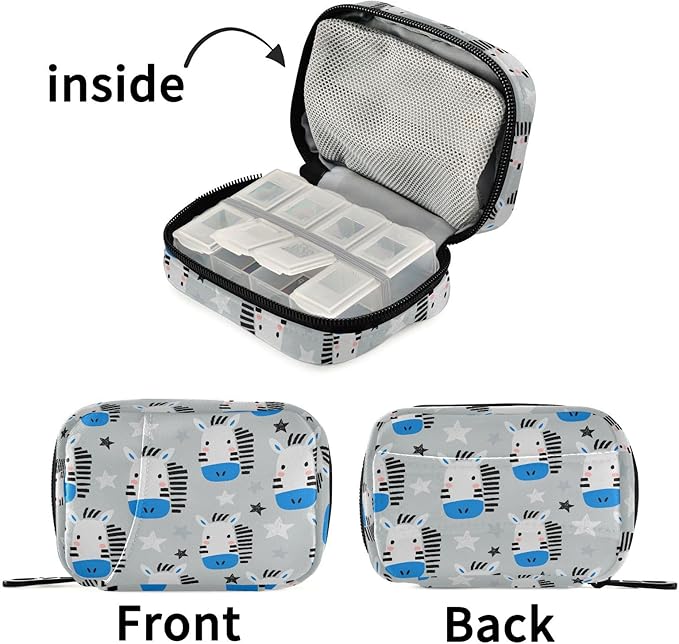 Fustylead Funny Zebras Travel Pill Organizer Bag with Zipper Small Pill Box 7 Day Pill Case for Purse Storage Weekly Vitamin Medicine Supplement