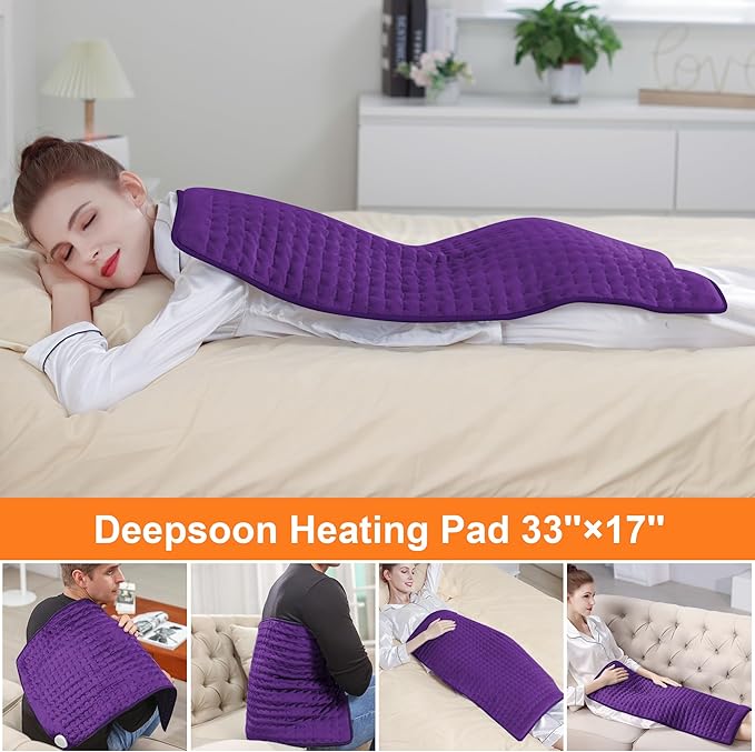 Deepsoon Heating Pad,Electric Heating Pads for Back,Neck,Abdomen,Moist Heating Pad for Shoulder,Knee,Arms,Legs,Dry/Moist Heat & Auto Shut Off,Christmas Gifts for Men and Women,Dark Purple,33x17 Inch