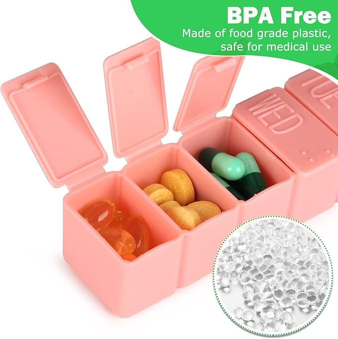 2Pack Pill Organizer,7 Day Pill Cases Travel Daily Box for Fish Oil, Calcium Tablets, Supplements and Other Vitamins (Pink+) Pink