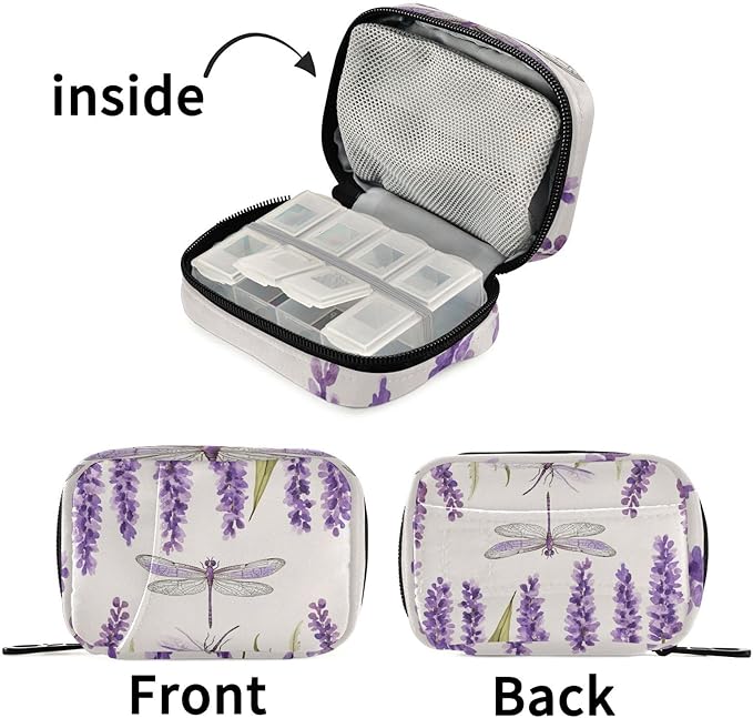 Travel Pill Case Lavender Flowers and Dragonfly Weekly Small Pill Box 7 Day Pill Box Pill Organizer Bag