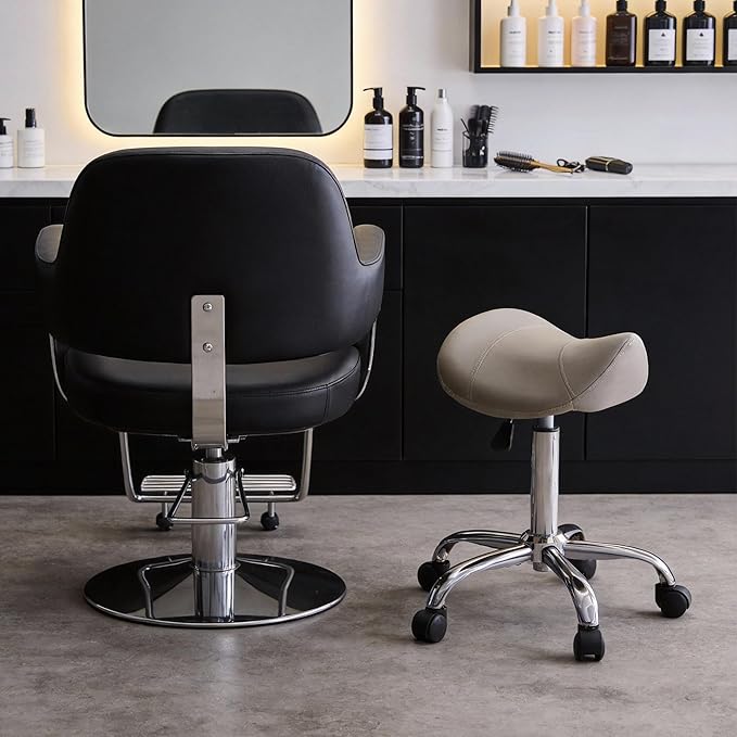 Saddle Stool, Swivel Saddle Stool with Wheels, Adjustable Rolling Stool 18"-26", Faux Leather Rolling Stool for Salon, Massage, Clinic, Lab, Office (Light Grey, 1PCS (18"-26"))