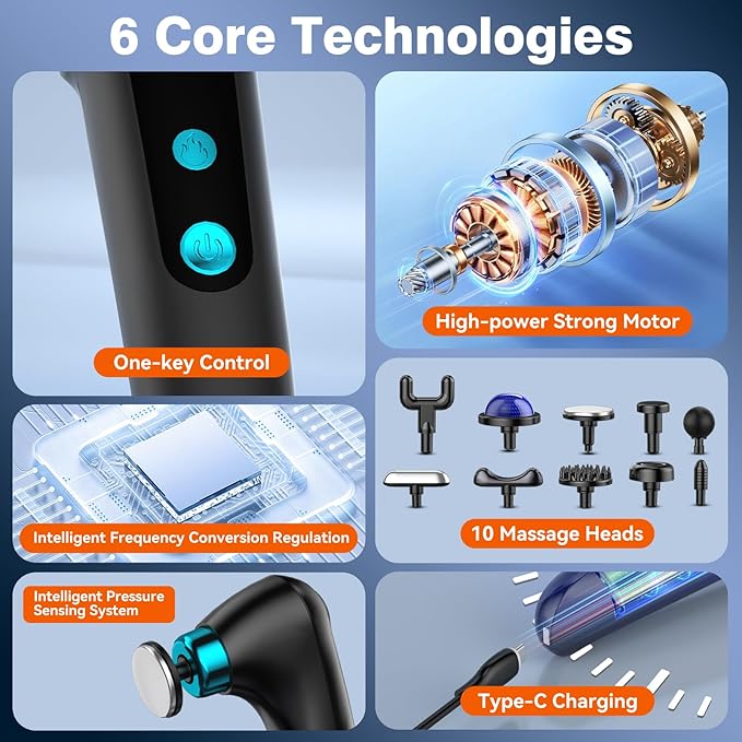 Deep Tissue Back Massagers with Heat & Cold Therapy, Folding Percussion Massage Gun for Women Men, 9 Speed Cordless Back Pain Relief Muscle Massager for Home Gym Office, 10 Heads