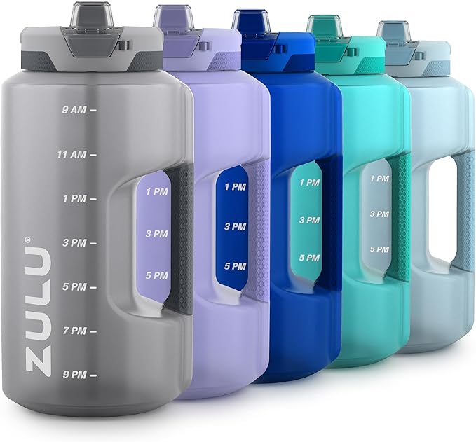 ZULU Goals 128oz Half Gallon Plastic Water Bottle with Straw and Time Marker | Large Reusable Jug with Handle and Leak Proof Lid for All Day Hydration, Gym and Outdoors, Gift Ready, Grey