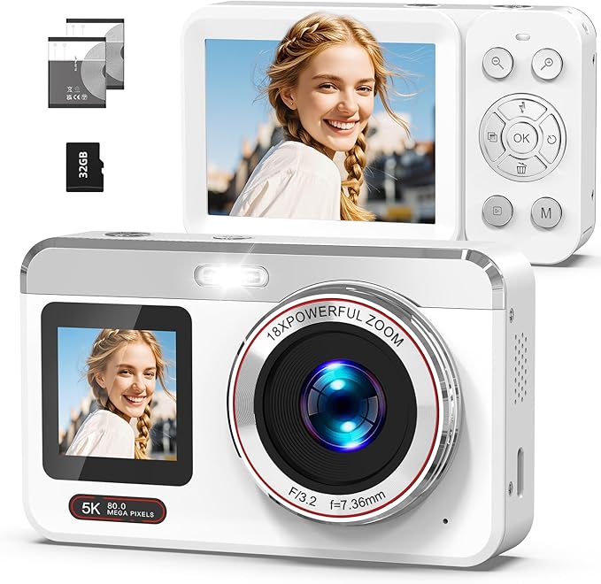 5K Digital Camera, 80MP Dual Screen Autofocus Vlogging Camera, 18X Zoom Point and Shoot Camera for Photography, Flash, 32GB Card, 2 Batteries, Compact Camera for Teens Adults (White)