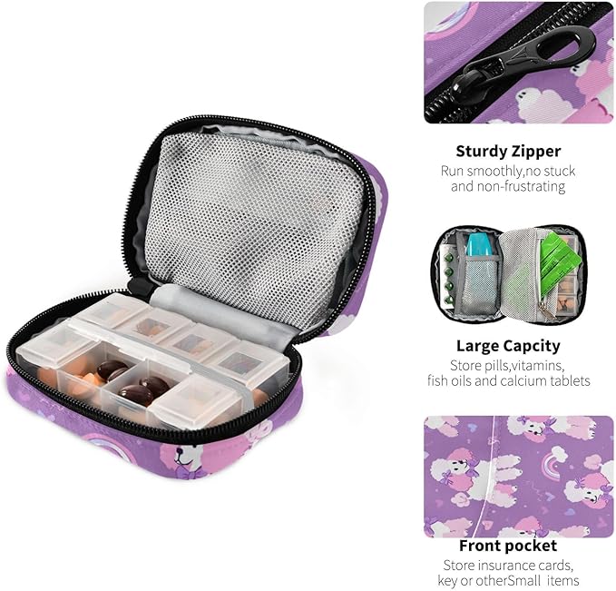 Purple Poodles Hearts Ribbons Rainbows Travel Pill Organizer Case Box Container Weekly Portable Vitamin Medicine Holder Storage Bag with Zipper Removable