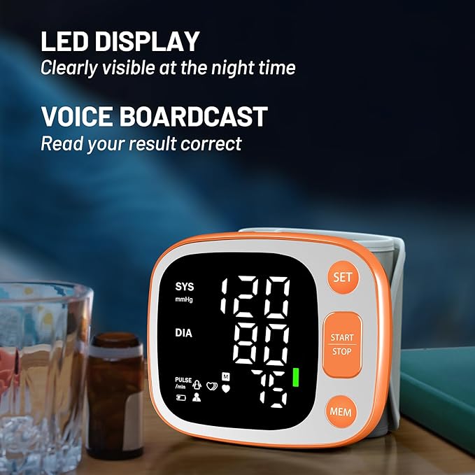 Oklar Blood Pressure Monitors for Home Use Rechargeable Wrist Digital BP Machine Cuff with LED Backlit Display, Voice Broadcast, 240 Memory Storage for 2 Users with Carrying Case, Orange