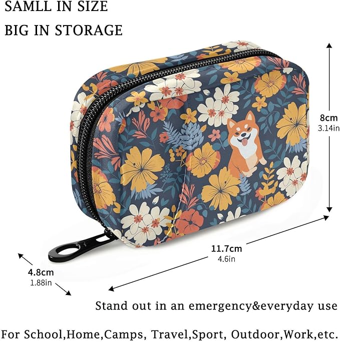 Fustylead Cute Cartoon Shiba Inu and Beautiful Flowers Pill Organizer Travel Portable Zipper Cloth Bag for Holding Weekly Supplements Vitamins and Fish Oils