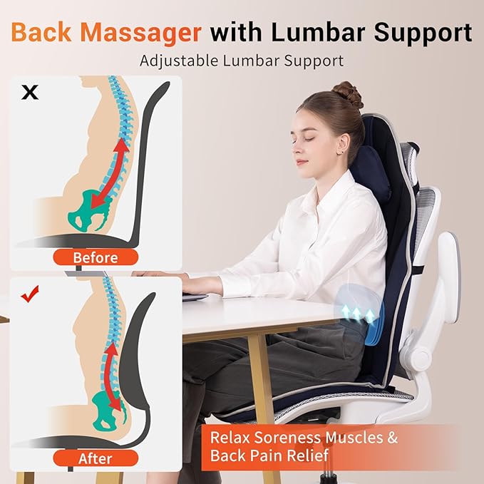 SLOTHMORE Back Massager with Heat Seat Massager for Full Back with 8 Vibrating Motors and 2 Heat Levels, Massage Chair Pad with Lumbar Support Suitable for Office/Home/Gift