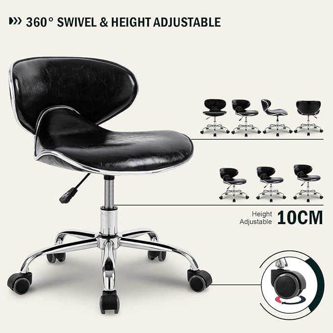 Paddie Pedicure Stools for Nail Tech Set of 2, Salon Spa Stool Back Support Short Height Adjustable Hydraulic Swivel Chair, Perfect for Massage/Tattoo/Esthetician/Shop, Black