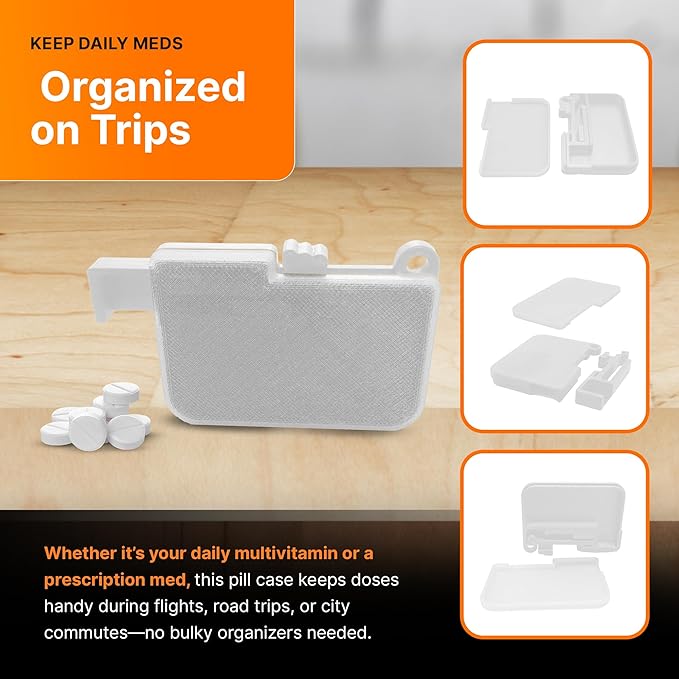 SplashNColor Travel Pill Organizer with Ejector - Portable Pill Case, ABS Material, Fits Pills up to 12mm Dia and 7mm Thickness - Travel Essentials, Pocket Purse Medicine Vitamin Holder - White 3 Pack