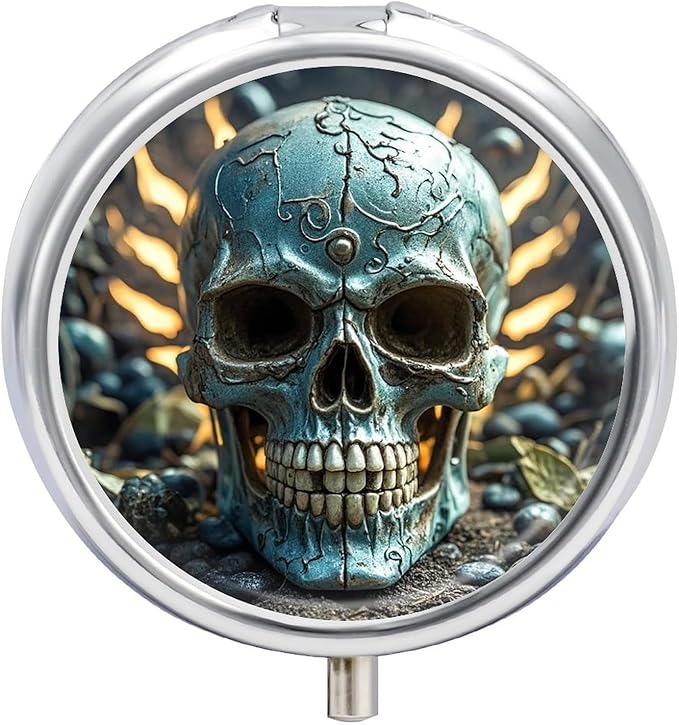 Cool Evil Skull Pill Box Travel Pill Case for Purse Pocket Weekly Medicine Organizer with Mirror 3 Compartment Round Medicine Case Portable PillcaseHolder for Daily