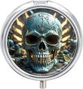 Cool Evil Skull Pill Box Travel Pill Case for Purse Pocket Weekly Medicine Organizer with Mirror 3 Compartment Round Medicine Case Portable PillcaseHolder for Daily