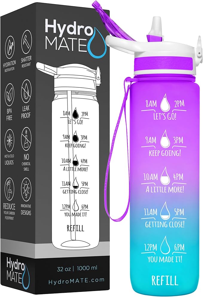 NatureWorks HydroMATE 32 oz Water Bottle with Time Markings Hourly BPA Free Reusable Leak Proof with Straw and Carrying Strap 1 Liter
