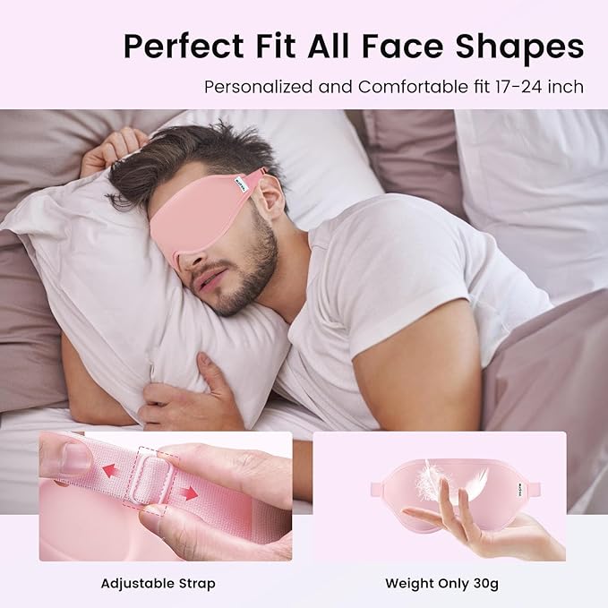 Audree Eye Mask for Sleeping - 3D Contoured 100% Sleep Mask Light Blocking, Sleeping Eye Mask for Women Men, Zero Eye Pressure Night Blindfold, Soft Eye Cover - Pink