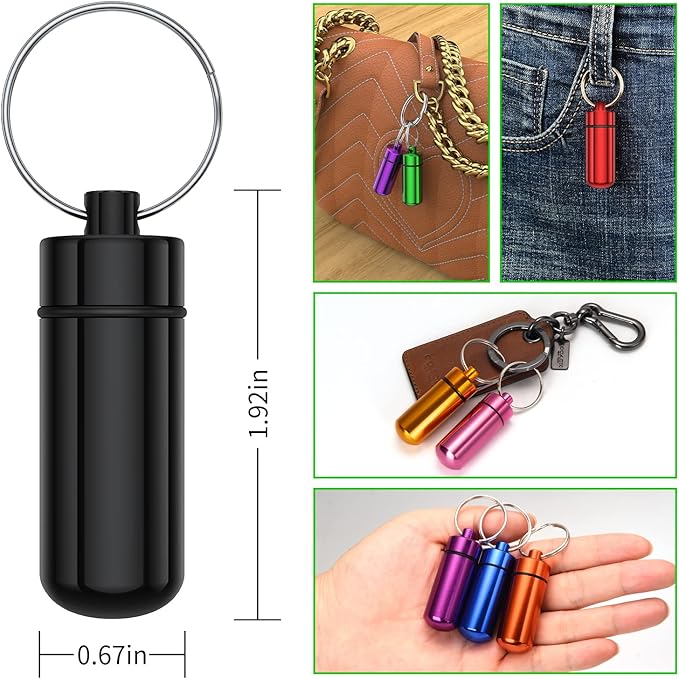 Small Portable Pill Case with Keychain, (10 Pack + 10 Carabiner Clips) Waterproof Aluminum Pill Organizer Metal Mini Box Pocket Drug Storage Container for Outdoor Camping Travel