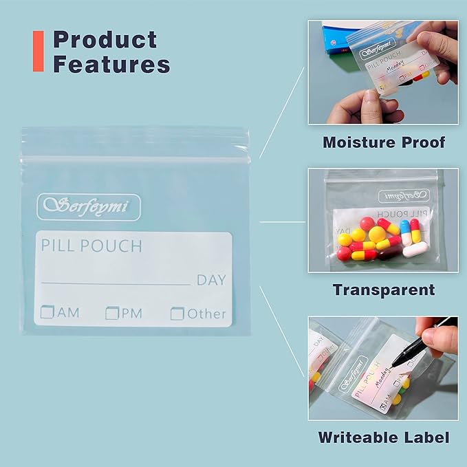 Serfeymi Pill Bags for Travel Pill Pouch Organizer Pack of 240 BPA Free 3 x 2.75 inch Reusable Pill Pouches for Medicine with Write on Label & Zipper Seal Waterproof AM PM Pill Baggies for Supplements