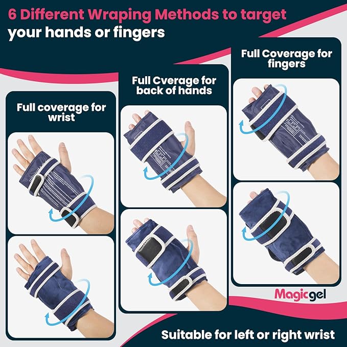 Magic Gel Wrist Ice Pack Wrap - Hot or Cold Hand Brace with Gel Pack - Wrist Band Heating or Cooling Compression for Right or Left Hand - Adjustable Straps - Blue