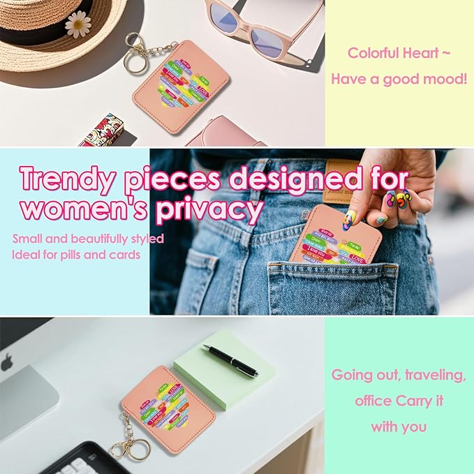 Birth Control Pill Case Holder, 4.3x3.3IN Compact Organizer Sleeve with Keychain, Fits Standard Pill Packs, Portable and Stylish Protection Cute Funny Discrete Artwork (Pink Heart)