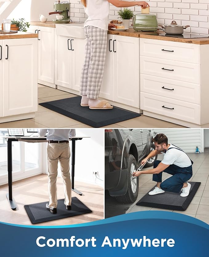 Ophanie Kitchen Mats for Floor, 3/4 inch Thick, 17x24 Anti Fatigue Cushioned Mat, Kitchen Rugs, Waterproof, Comfort Ergonomic Standing Mat for Office, Home, Sink, Black Non-Slip Ridged Bottom
