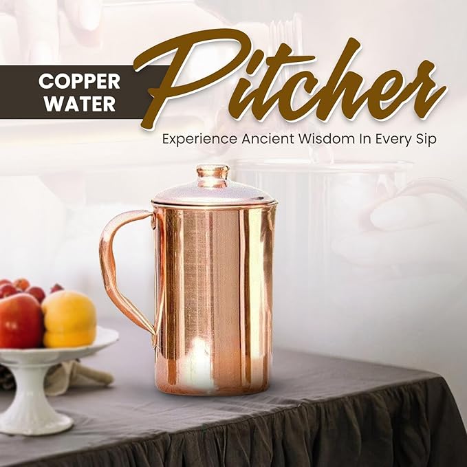 100% Pure Copper Pitcher 50.72 Oz / 1500 ml | Drinking Water Traditional Plain Pitcher With Lid | Copper Jug Handle Water Bottle | Ayurveda Health Benefits | Serving Water in Daily Use