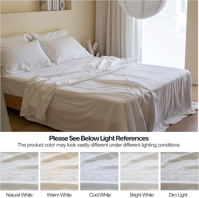 Simple&Opulence Belgian Linen Sheet Set Solid Color - 6 Pieces (1 Flat Sheet & 1 Fitted Sheet & 4 Pillowcases) 16" Deep Pocket Natural Flax Cotton Blended Soft Bedding - White, Queen Size