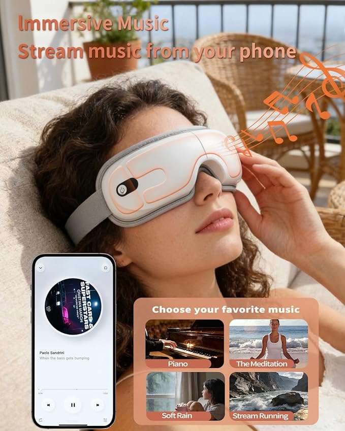 Pinailon Eye Massager with Heat,Massaging Eye Mask with Heating & Music,Facial Massager,Relaxing Eye Care Headache Massager Equipment for Migraines Relax Eyeris for Her Him