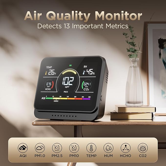 13 in 1 Indoor Air Quality Monitor Portable PM1|PM2.5|PM10|CO2|Formaldehyde|Temp|Humidity and 6AQI Detector with Beep Alarm & 3000mAh Battery,Highly Accurate Air Quality Tester for Home,Office