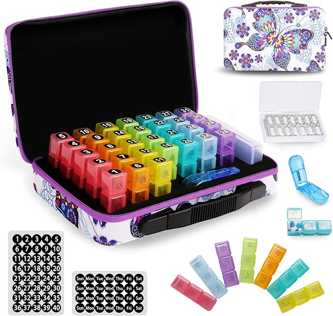 31-Day Medication Box, Featuring 31 Daily Dosage compartments (Allowing for 3 Daily doses), Equipped with a Pill Cutter, is Highly Suitable for Home or Travel use.