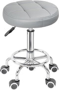 PU Leather Rolling Stool Height Adjustable Round Swivel Stools for Spa Salon Massage Work Chair with Foot Rest Grey