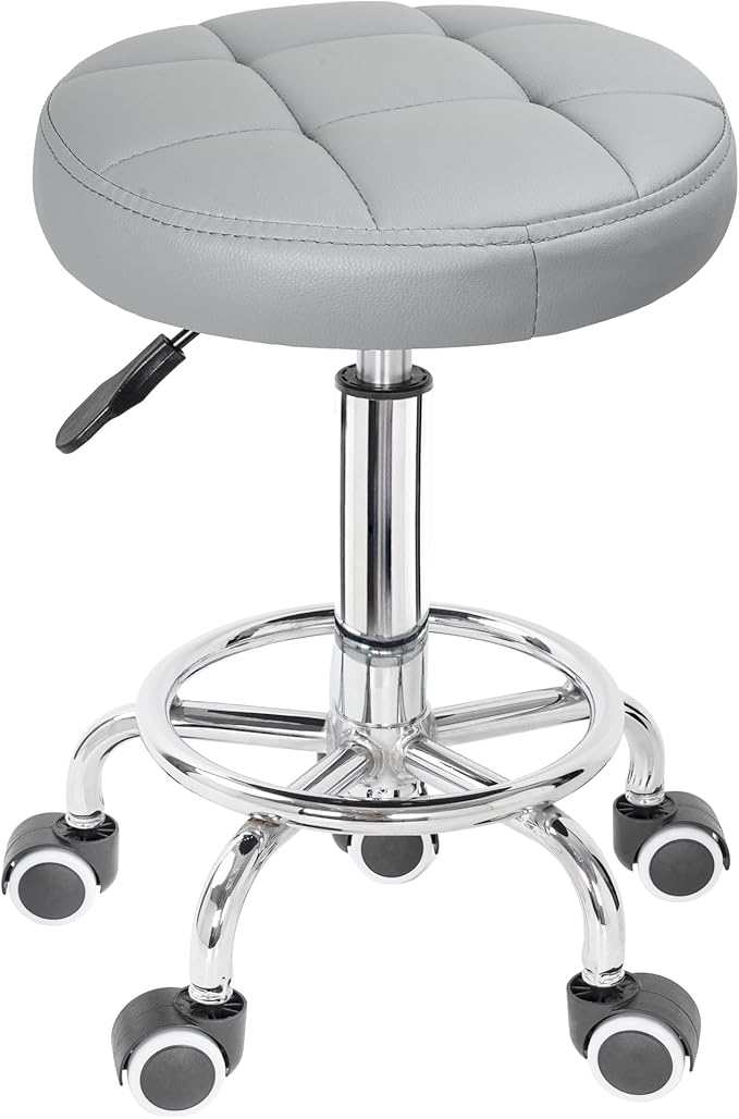 PU Leather Rolling Stool Height Adjustable Round Swivel Stools for Spa Salon Massage Work Chair with Foot Rest Grey
