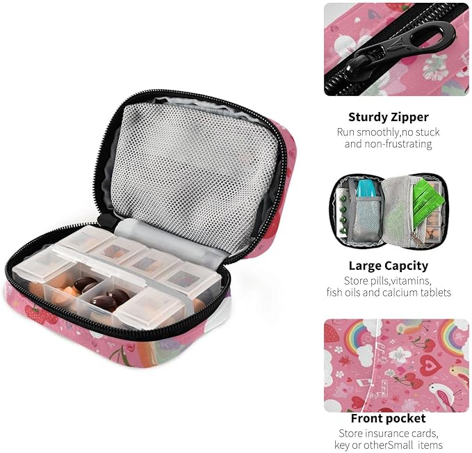 Pink Rainbow Cherry Bird Music Note Travel Pill Organizer Case Box Container Weekly Portable Vitamin Medicine Holder Storage Bag with Zipper Removable
